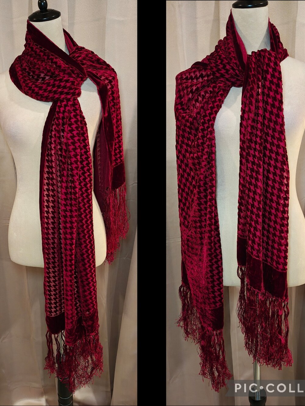 🍷Vtg Lauren Ralph Lauren Burgundy Burnout Velvet Silk Houndstooth Scarf Shawl🍷
